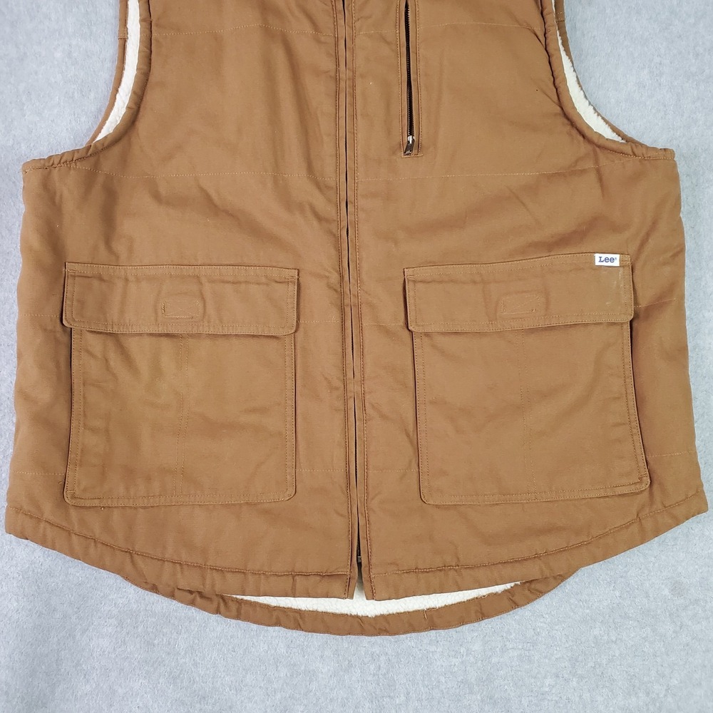 Lee Workwear Vest Mens XL Brown Canvas Sherpa Lined Zip Pockets LM33VT687 - Picture 4 of 13